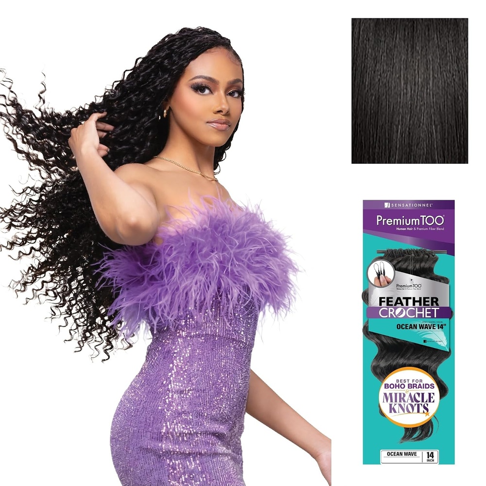image:imageSensationnel PremiumToo Feather Crochet BraidsOcean Wave14in 1 JETBLACK Braiding hairHuman Hair Blend for Boho braids for Miracle knots PreSeparated Strands Easy Install 50 Strands1B OFFBLACK
