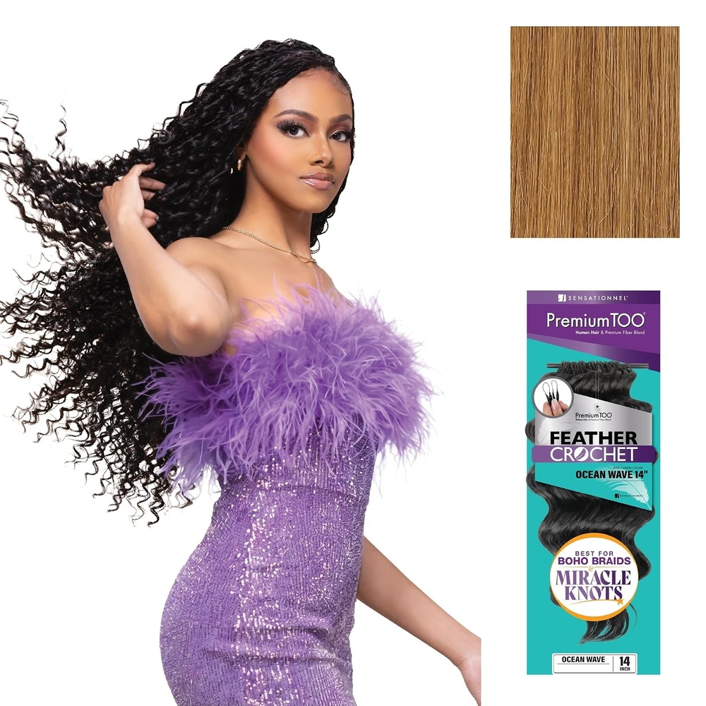 image:imageSensationnel PremiumToo Feather Crochet BraidsOcean Wave14in 1 JETBLACK Braiding hairHuman Hair Blend for Boho braids for Miracle knots PreSeparated Strands Easy Install 50 Strands27 HONEYBLONDE