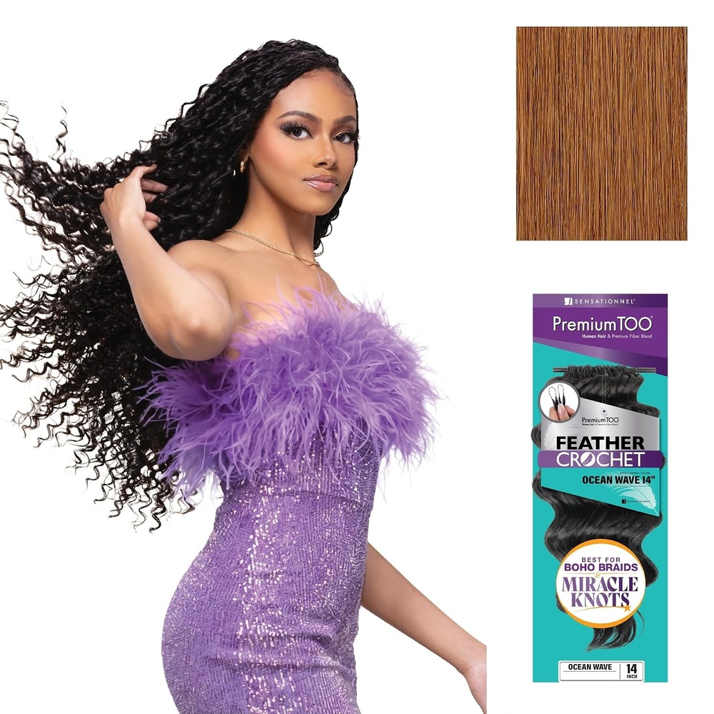image:imageSensationnel PremiumToo Feather Crochet BraidsOcean Wave14in 1 JETBLACK Braiding hairHuman Hair Blend for Boho braids for Miracle knots PreSeparated Strands Easy Install 50 Strands30 LIGHTAUBURN
