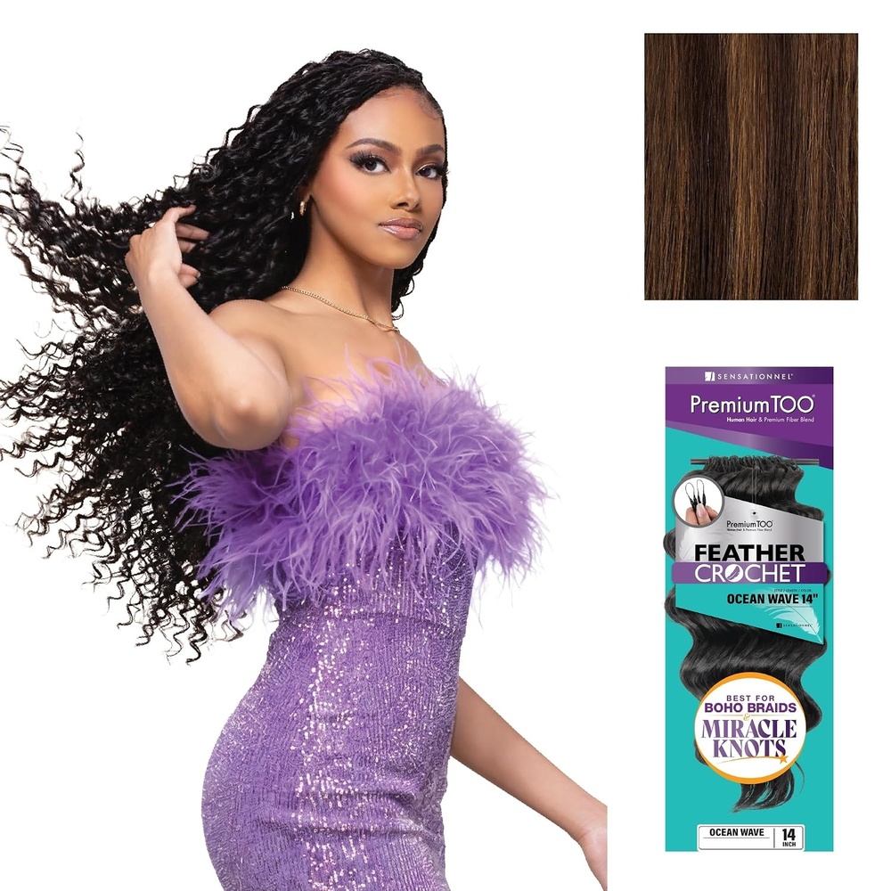 image:imageSensationnel PremiumToo Feather Crochet BraidsOcean Wave14in 1 JETBLACK Braiding hairHuman Hair Blend for Boho braids for Miracle knots PreSeparated Strands Easy Install 50 StrandsS430