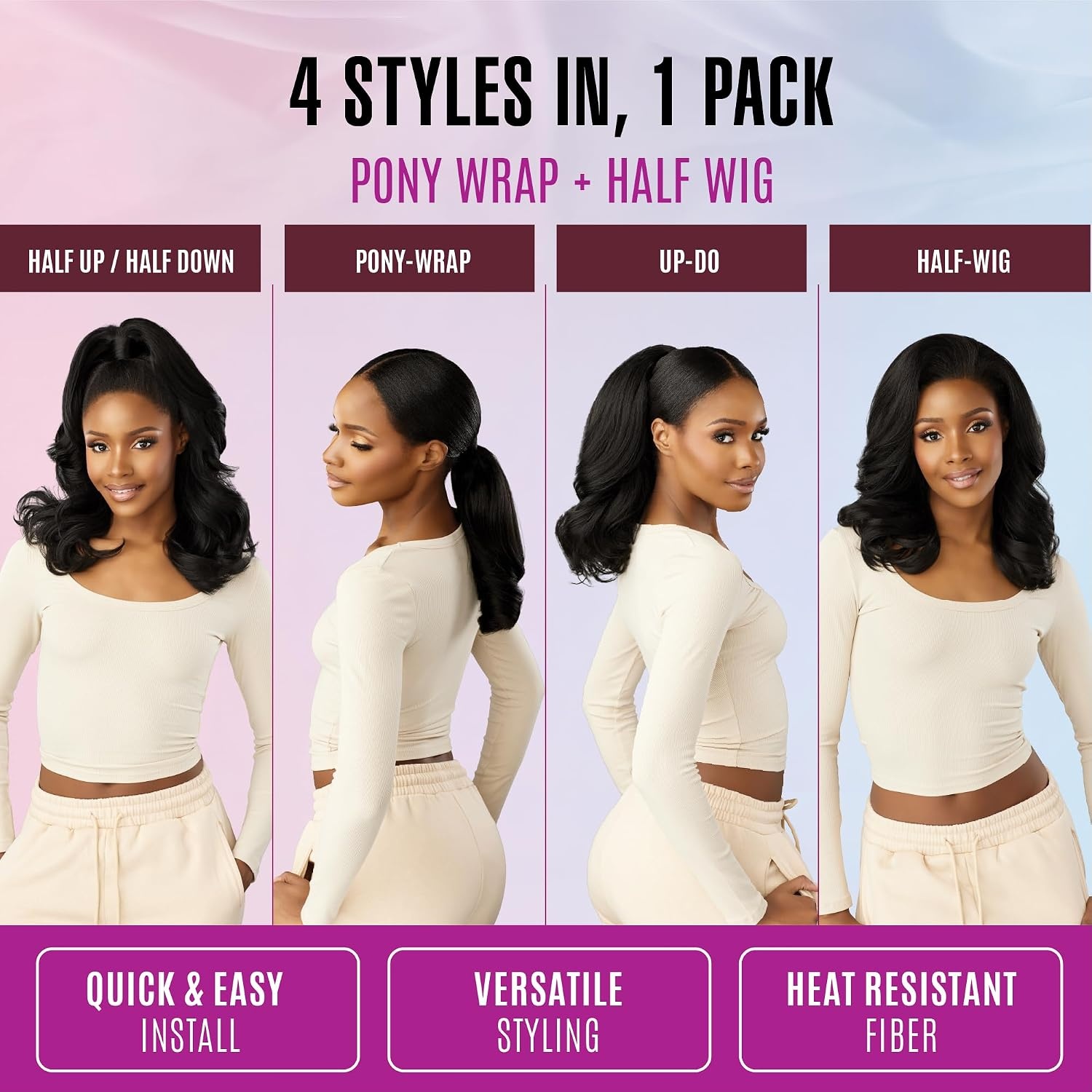 image:imageSensationnel Instant Updown Halfwig PonyIud 26 1 JETBLACK 4 Style In 1 Pony Wrap Updo Halfup HalfdownTH227