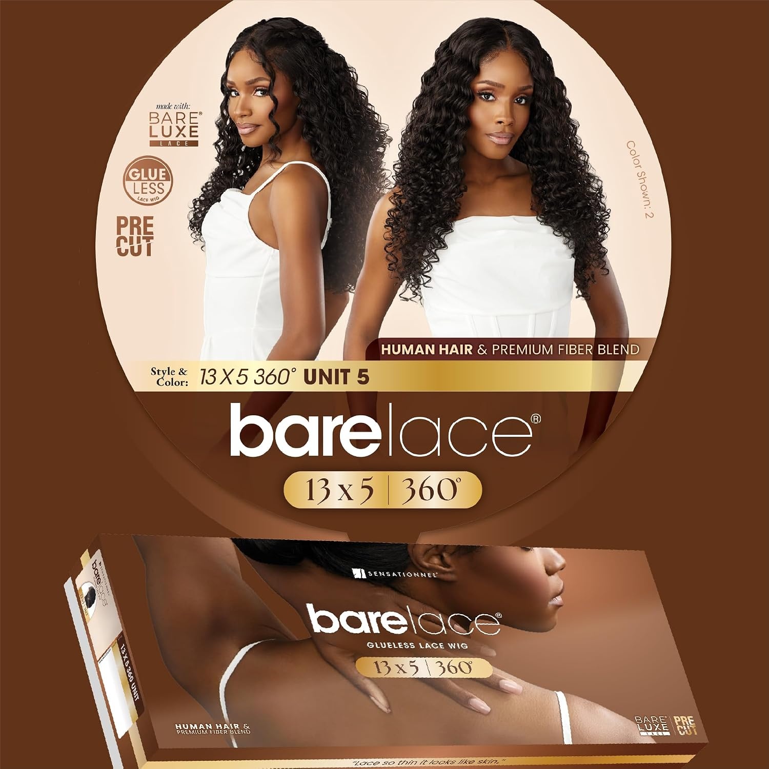 image:imageSensationnel Barelace 13x5 360 LaceWigUnit 5 1 JETBLACK Human Hair Blend Glueless Pre Cut Hairline EartoEar Deep PartingBALAYAGEGOLD