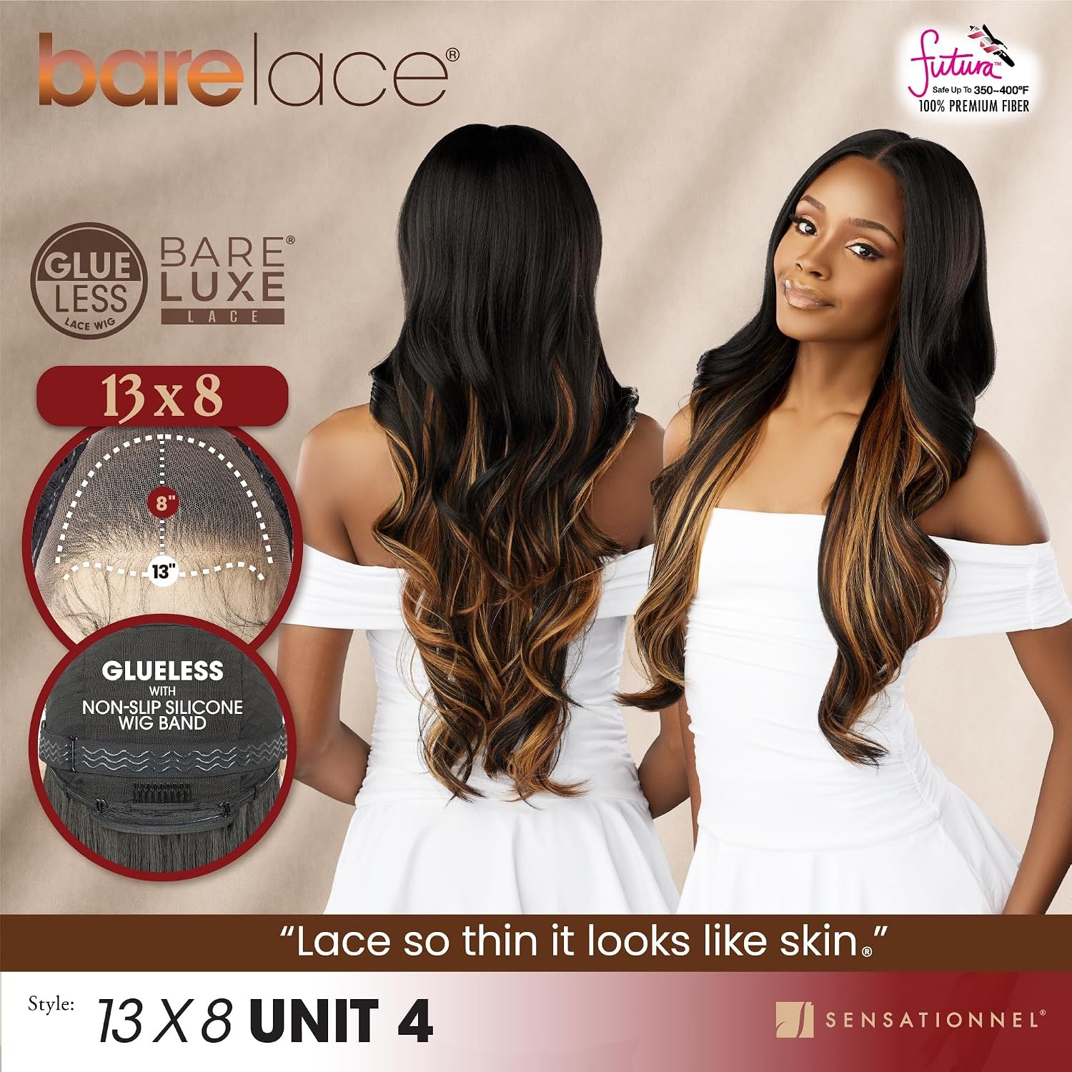 image:imageSensationnel Barelace 13x8 LaceWigUnit 4 1 JETBLACK Lace Front Synthetic Glueless 180 Degree PrePlucked HairlineLIGHTASHBROWN