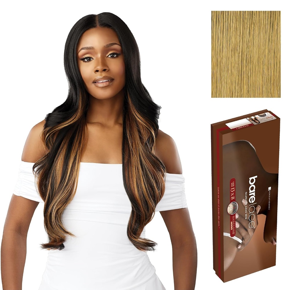 image:imageSensationnel Barelace 13x8 LaceWigUnit 4 1 JETBLACK Lace Front Synthetic Glueless 180 Degree PrePlucked HairlineCARAMELBLONDE