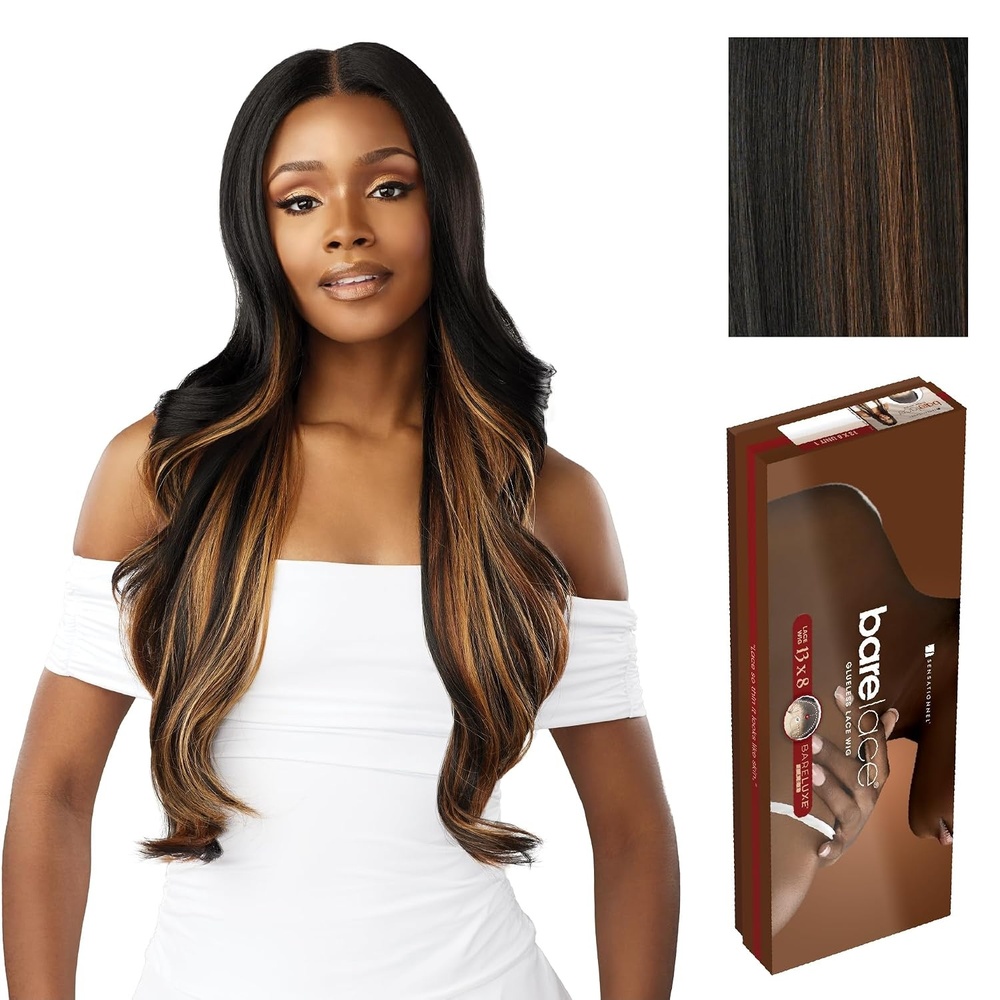image:imageSensationnel Barelace 13x8 LaceWigUnit 4 1 JETBLACK Lace Front Synthetic Glueless 180 Degree PrePlucked HairlineFAUXHIGHLIGHTGOLD