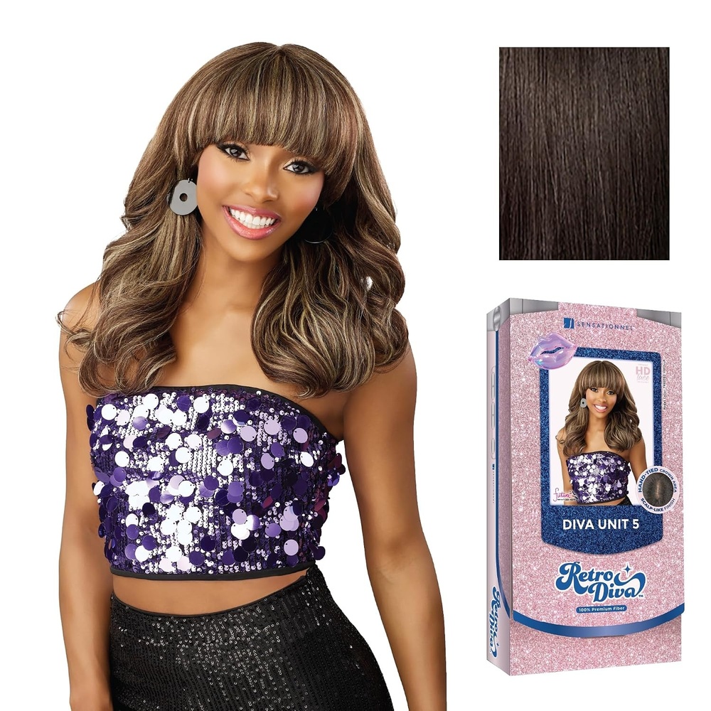 image:imageSensationnel Glamora Lace Crown WigRetro Diva Unit 5 1 JETBLACK HandTied Crownarea Curved Ear Contour Synthetic Hair2 DARKBROWN