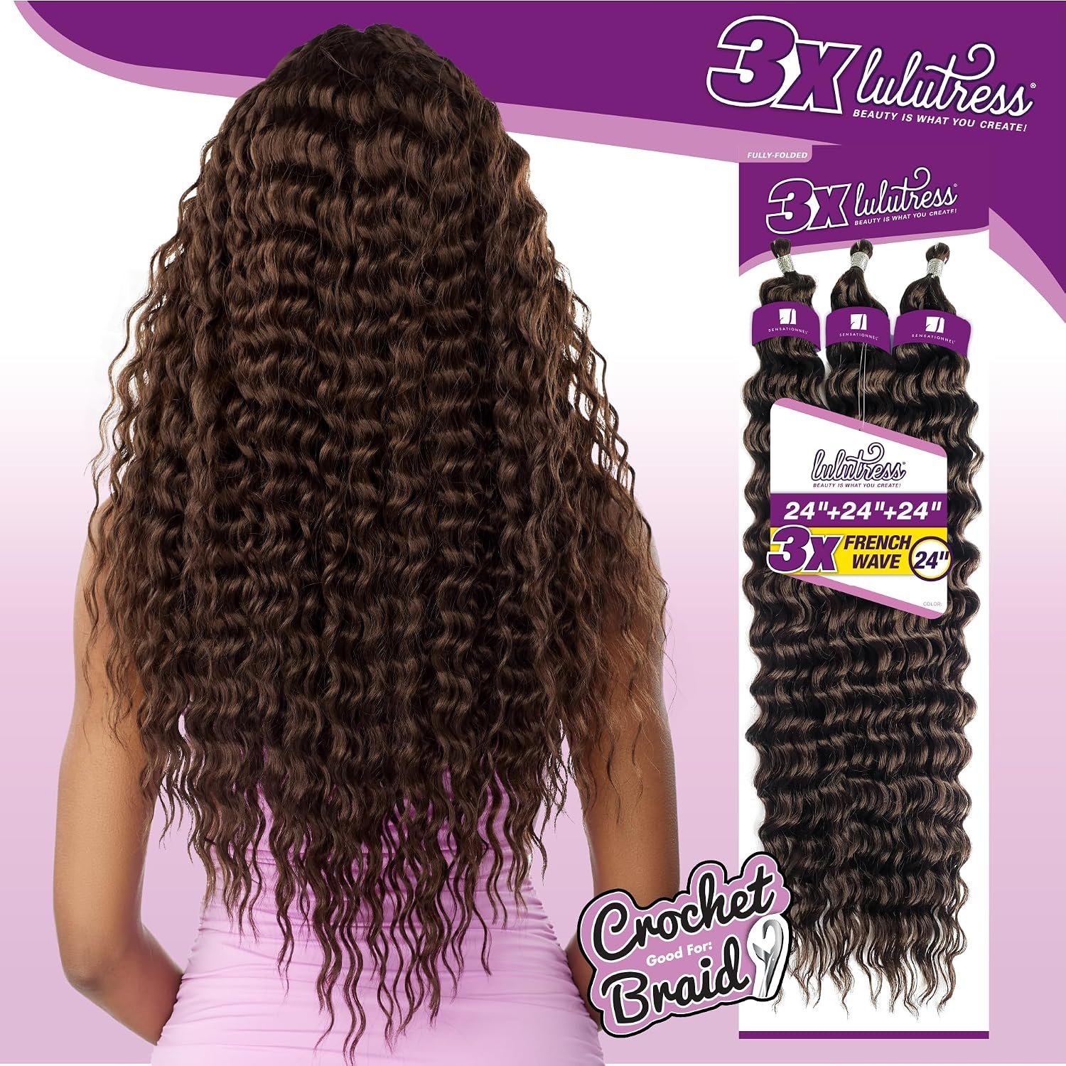 image:imageSensationnel Lulutress Crochet Braids3X French Wave 24inBG BURGANDY Braiding hairKanekalon Fully Folded DIY Locs Synthetic Twists Easy InstallT1BBG