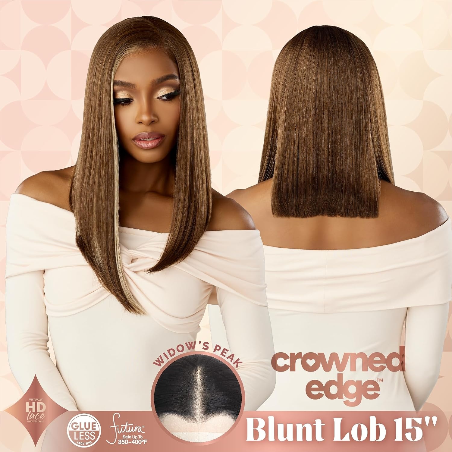 image:imageSensationnel Crowned Edge Widows Peak WigBlunt Lob 15in 1 JETBLACKBALAYAGEMOCHA